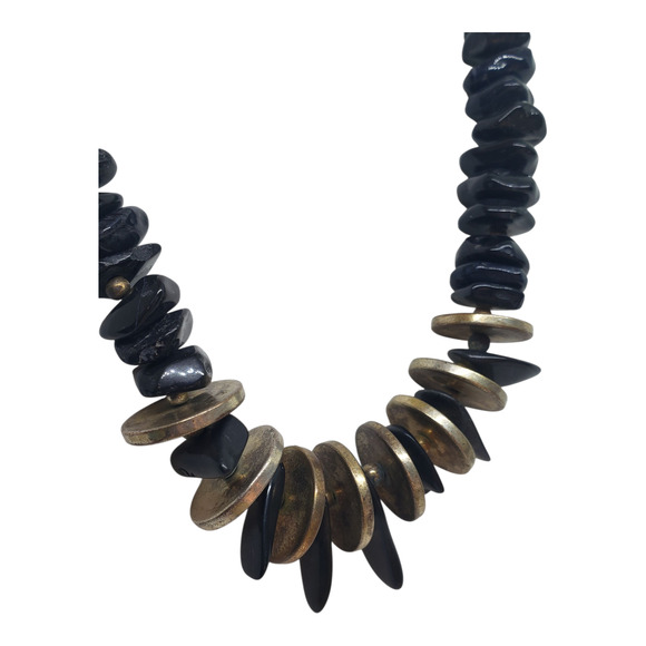 Chunky Black Onyx Statement Necklace Metal Discs Spikes Silver Plated Beads Boho - Picture 4 of 14